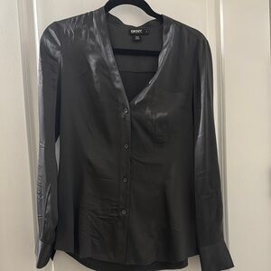DKNY Black Satin Button-Up Blouse